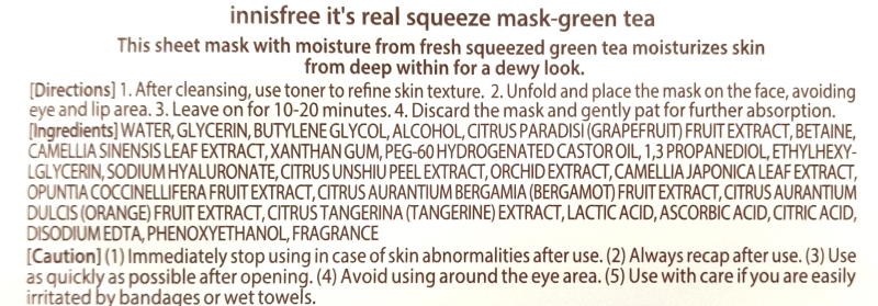 Innisfree Its Real Squeeze Mask in Green Tea ingredients