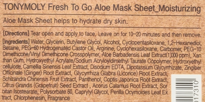 TONYMOLY Fresh To Go Mask Sheet in Aloe ingredients