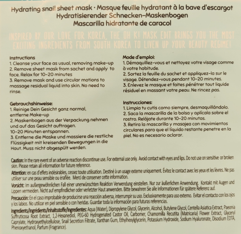 Oh K! Intense Hydration Snail Sheet Mask ingredients