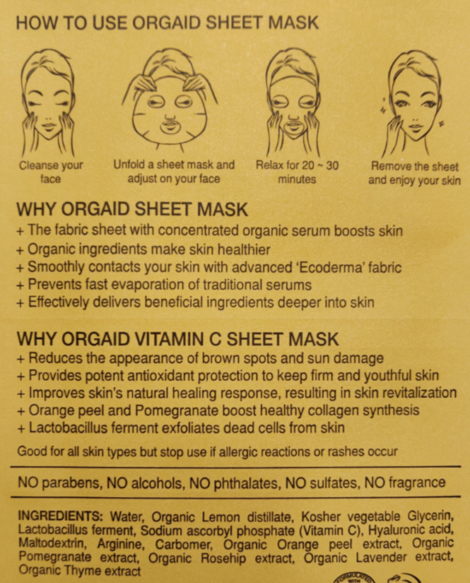 Orgaid Vitamin C Revitalizing Organic Sheet Mask ingredients