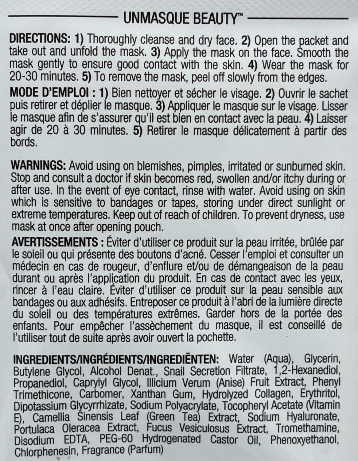 Masque Bar Wrinkle Reducing Sheet Mask instructions