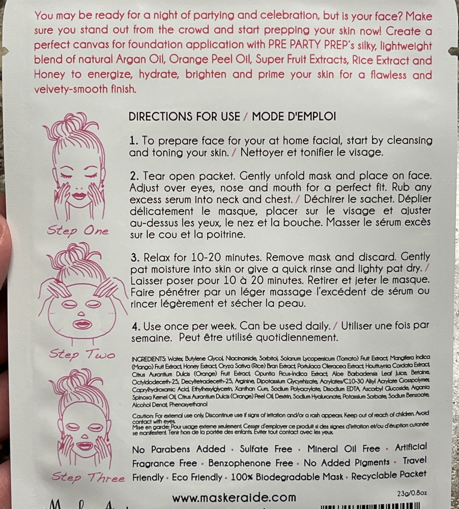 MaskerAide Pre Party Prep Sheet Mask instructions