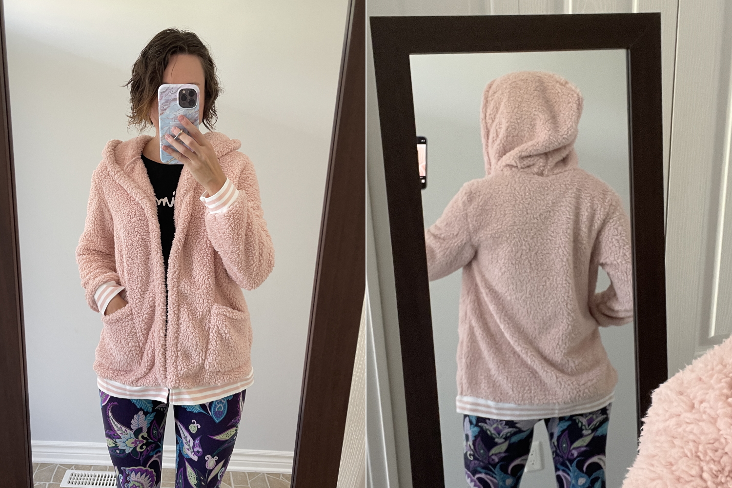 SHEIN Contrast Stripe Trim Hooded Teddy Jacket